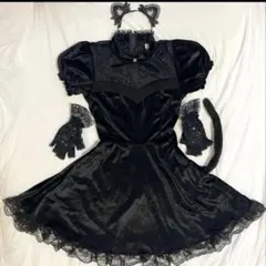 わ*わ様 黒猫コスプレ ワンピース ネコ耳・しっぽ付き ハロウィン 4点セット