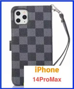 iPhone 14 Pro Max ケース 手帳型 【黒】おしゃれ チェック柄