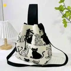 猫プリントニットショルダーバッグ　カジュアル　エレガント　コンパクト　黒猫