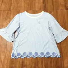 【組曲】7分袖 トップス ライトブルー ストライプ 120cm 刺繍