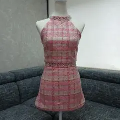 ピンク系チェック ノースリーブミニワンピース