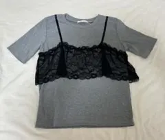 グレー レース付き 半袖Tシャツのサムネイル