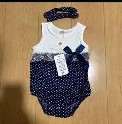 ネイビー×ホワイトのドット柄 ロンパース　ヘアバンド付き★70cm
