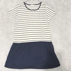 サンカンシオン　半袖ワンピース　紺×白【M】ボーダー　ナチュラル　麻混のサムネイル