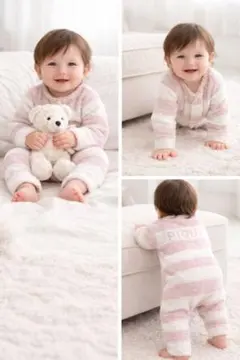 美品ベビー もこもこロンパースピンク白 ボーダー80-90ジェラピケ女の子