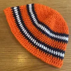 クロシェハット　クラッシャーハット　ビーニー　ハンドメイド　男女兼用　オレンジ紺