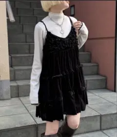 wcloset ベロアフリルキャミワンピース ブラック