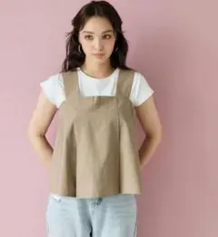 coca web完売　リネン風タックブラウス　ベージュ