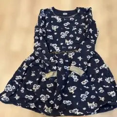 プチバトー 花柄ネイビー長袖ワンピース 128cm