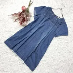 大きいサイズ ローズティアラ デニムワンピース チュニック 花柄 刺繍【46】