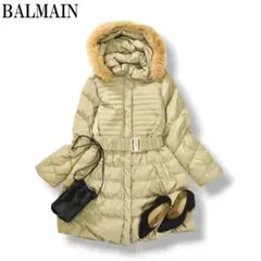 【上質】 バルマン ウエストベルト付き ロングダウンコート M ベージュ ♪