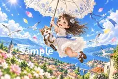 空飛ぶ少女と子猫 デジタルアート イラスト ポストカード