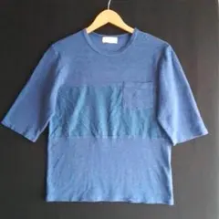 417EDIFICE 異素材切替五分袖カットソー 藍色 S ボートネック 日本製