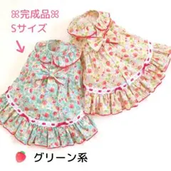 フリルたっぷりꕤグリーン系ꕤバックオープン ワンピース ハンドメイド 犬服ꕤS
