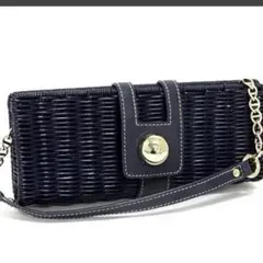 極美品　ケイトスペード　ストロー×レザー　チェーン　ハンドバッグ　ネイビー