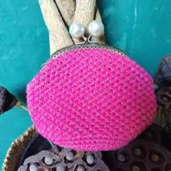 ハンドメイドかぎ針編みパール口金がま口ポーチ マゼランピンク キラキラ
