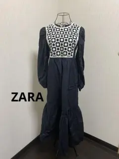 Zara フラワー刺繍 黒 バルーンスリーブ　ロングワンピース　sサイズ