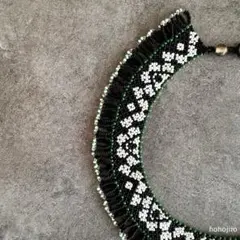 ビーズ手編みネックレス No.206 【モノクロポルト】 アレルギーフリー