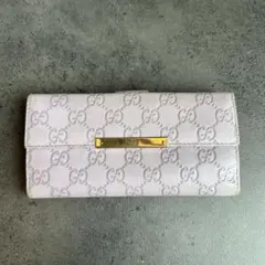 GUCCI GG シマ レザー 長財布　ロゴメタルプレート　ラウンドジップ　薄紫