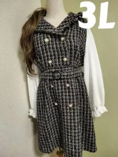 3L ツイードベルト付きドッキングワンピースロリータ　量産型地雷系　ブラック