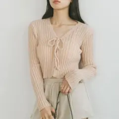 リボン付きピンクリブ編みカーディガン