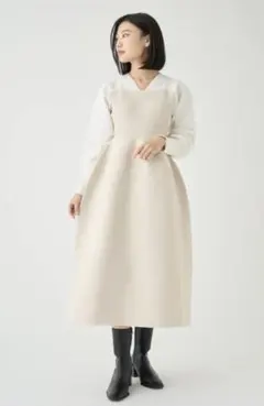 [セルフォード] コクーンホールガーメントワンピース ライトベージュ×ホワイト