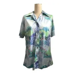 総柄シャツ 半袖 アート柄 レトロ グリーン系 個性的 ヴィンテージ風