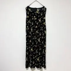 M304 Ｉラインロングワンピース　ベロア　花柄　黒　ウエストリボン