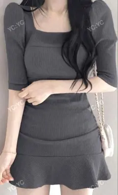 リブニット 半袖ワンピース ダークグレー