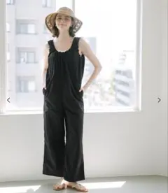 coca ワッシャーナイロン肩ギャザーオールインワン ブラックM