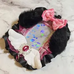 B8 ピンクブラック系 天使うさ耳 トレカケースデコ 硬質ケースデコ レースデコ