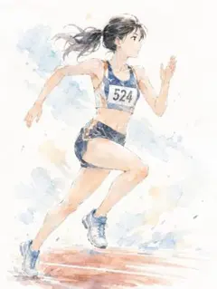c1324_水彩画調 陸上競技 走る女子選手 トラック 疾風感 インテリア アー