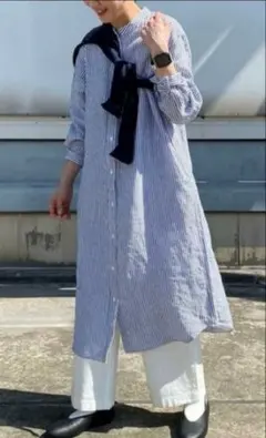 MUJI 無印良品 Mサイズ ストライプ リネンシャツワンピース 麻100%