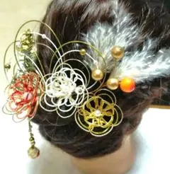 髪飾り成人式　オレンジ白ゴールド系10点　水引　卒業式　前撮り　振袖　結婚式　袴