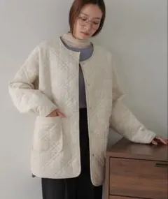 【新品未使用】Bab キルティングハーフコート　ノーカラーコート　アイボリー　M