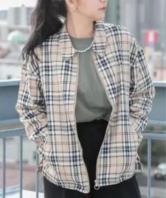 最終値下げ！【L】ユニセックス チェック柄 ジップアップ ジャケット ベージュ