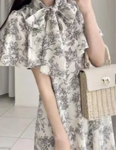 GRL ボウタイ花柄リボンフレアワンピース【ta006】 L