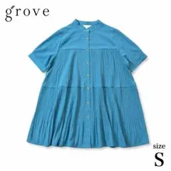 grove グローブ プリーツブラウス チュニック 半袖 バンドカラー ブルーのサムネイル