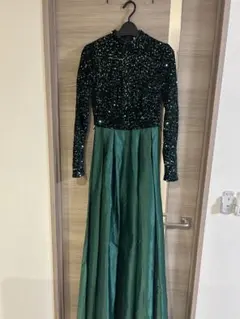 ダークグリーン スパンコール装飾 ロングドレス