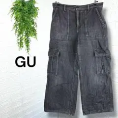 B8【GU】ミドルライズカーゴジーンズ デニムパンツ ブラック ワイド XL