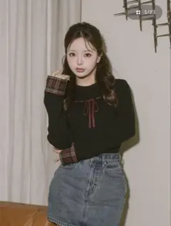 Darich チェックカフスリボンニットトップス