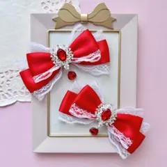 【ハンドメイド】サテンリボン ヘアクリップ 赤色 2個セット 量産型 地雷系