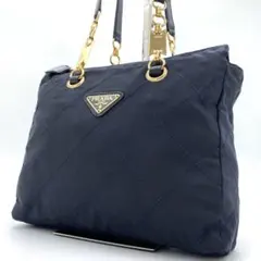美品✨プラダ チェーンショルダーバッグ キルティング ナイロン レザー 金 濃紺