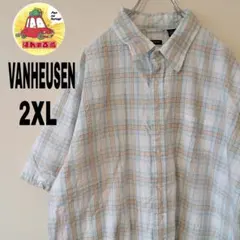 USA古着 VANHEUSEN 半袖ボタンシャツ 2XL ライトブルー　ホワイト