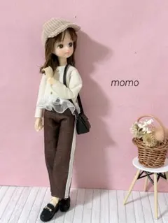 22cmドール服 サイドラインパンツ×コーデュロイキャップ♡コーデ3点セット