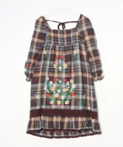 森ガール　チェック柄 花柄刺繍 七分袖　ワンピース　フリル　フェアリーグランジ