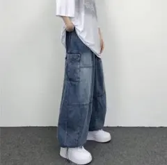 ジーパンデニムジーンズワイドパンツ 2 XL シンプルブルー