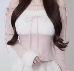 Lumignon ルミニョン ファー袖 千鳥柄 ノースリーブ トップス ピンク