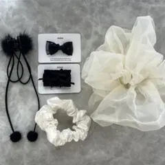 ヘアアクセサリー シュシュ5個セット リボン ブラック ホワイト まとめ売り