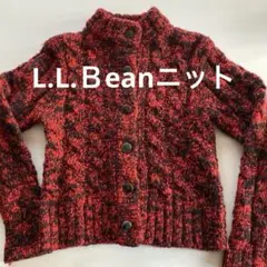 L.L.Bean 赤黒ニットカーディガン S、ケーブル編みトップス、ツイード調